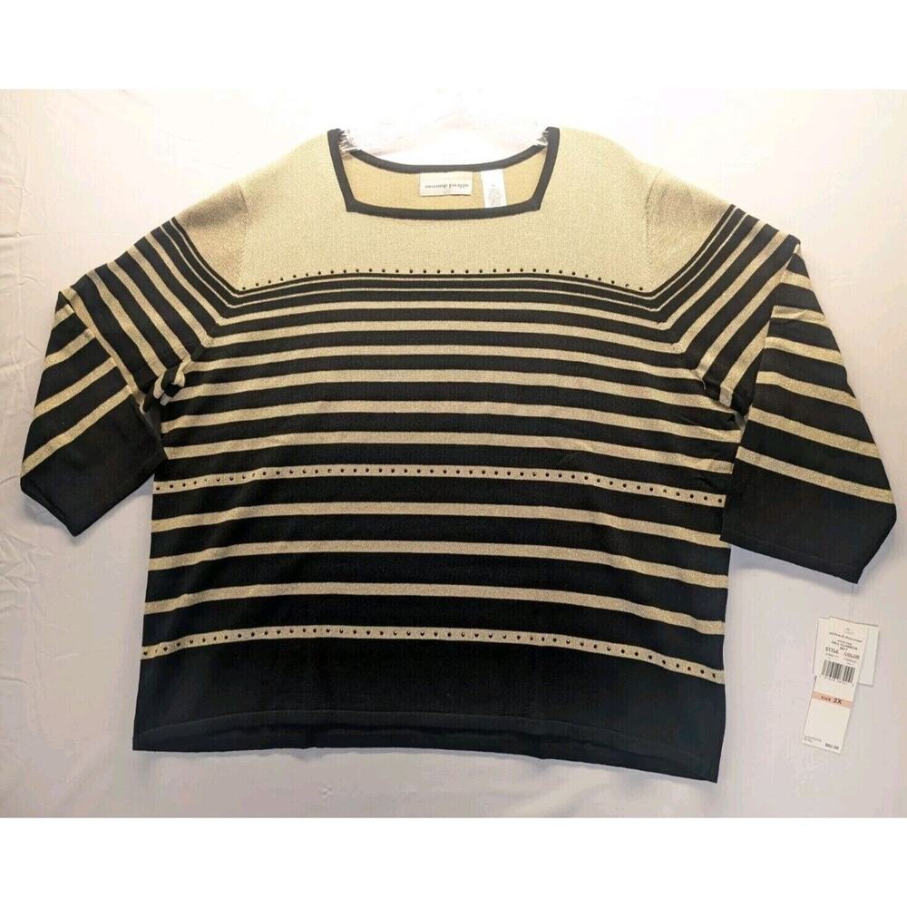 Alfred Dunner Gold Black Stripes Rhinestone Sweater‎ Womens 2X Square Neck NWT